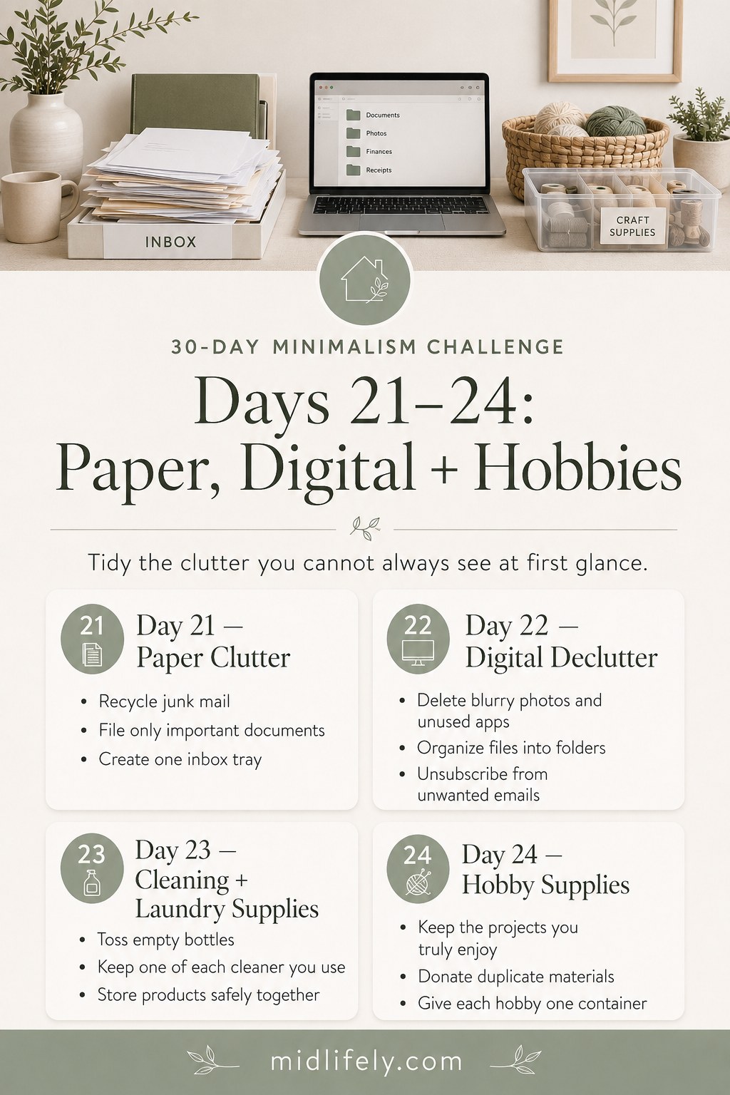 Days 21-24 paper, digital, and hobby clutter phase of the 30-day minimalism challenge.
