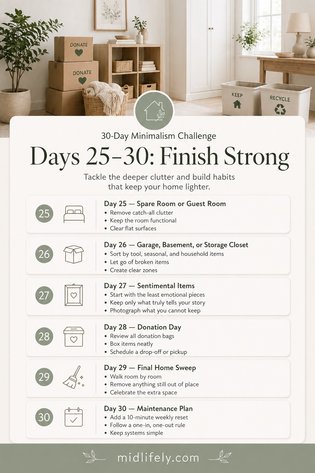 Days 25-30 finish strong stage of the 30-day minimalism challenge, ending with a weekly maintenance plan.