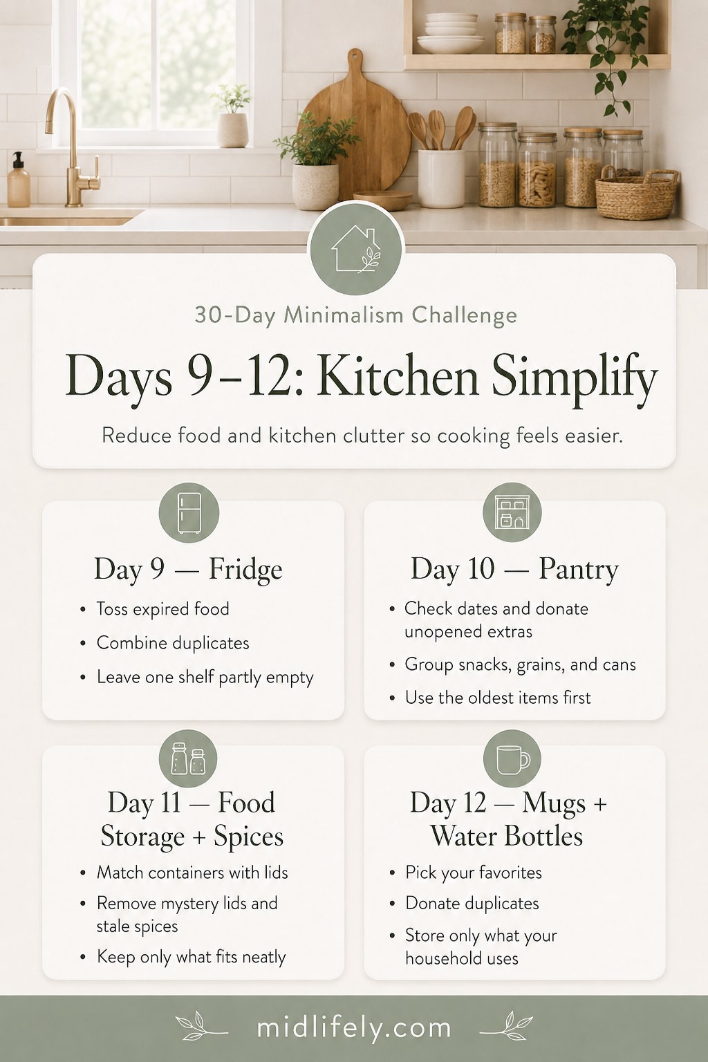 Days 9-12 kitchen simplify steps in the 30-day minimalism challenge, from fridge to mugs and bottles.