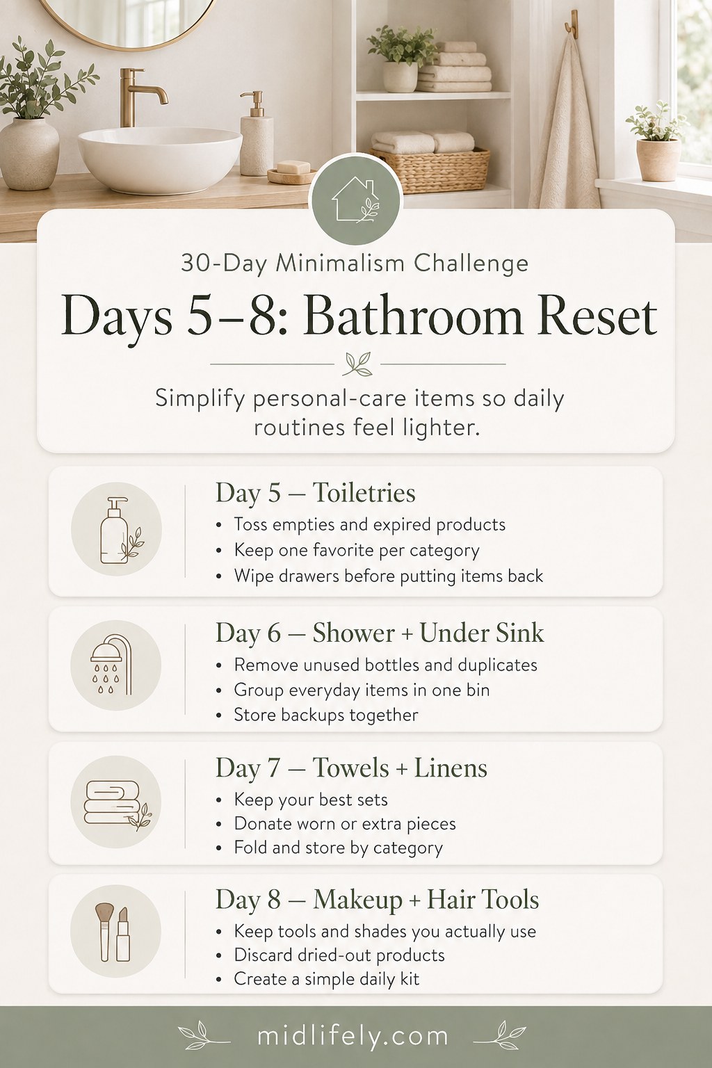 Days 5-8 bathroom reset checklist from the 30-day minimalism challenge, covering toiletries and towels.