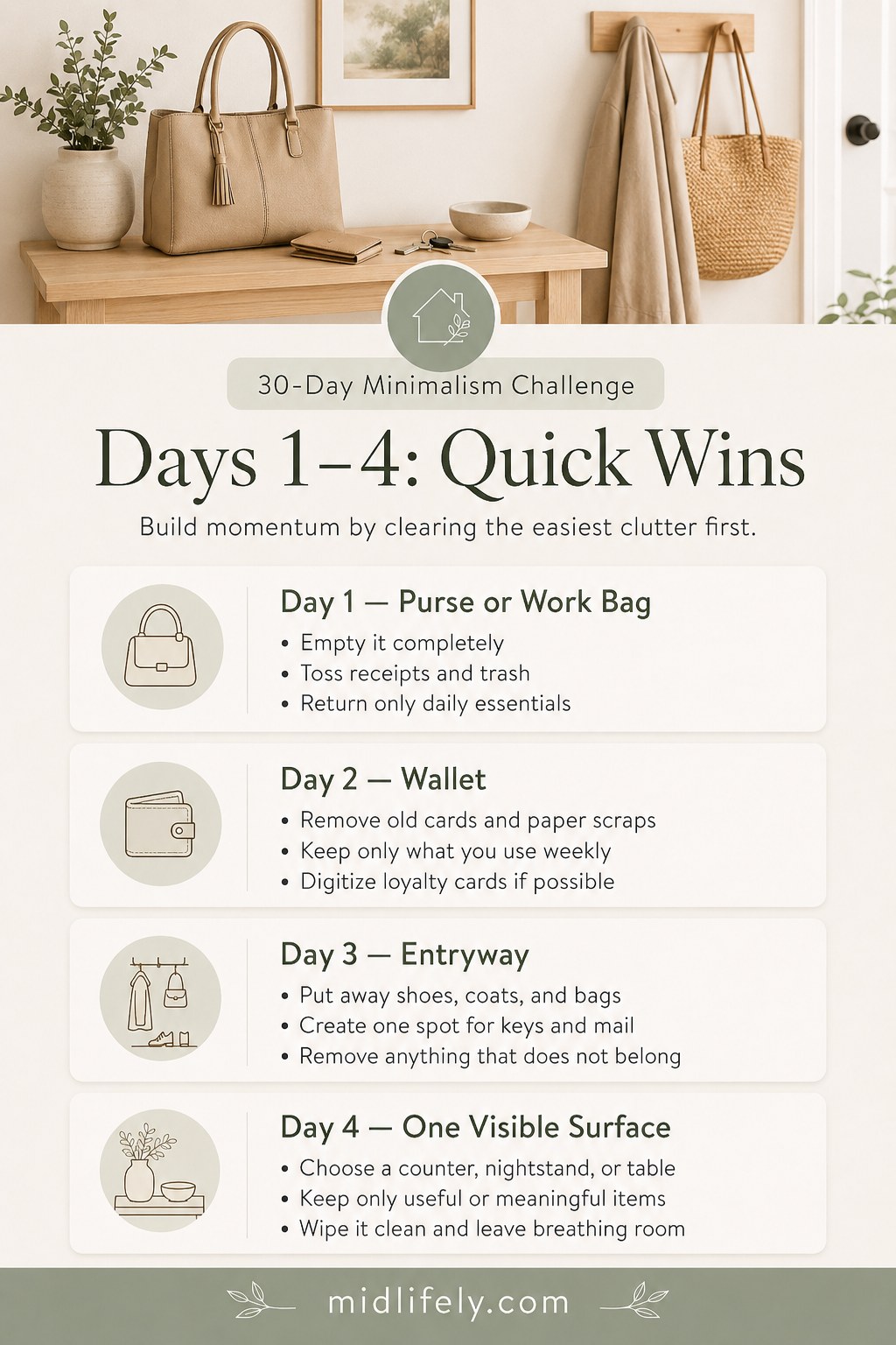 Days 1-4 quick wins in the 30-day minimalism challenge covering purse, wallet, entryway, and one surface.