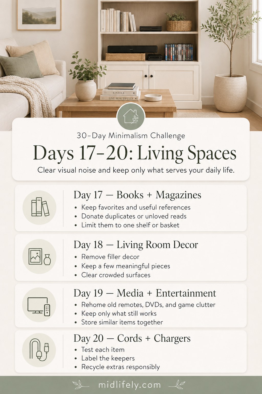Days 17-20 living space checklist in the 30-day minimalism challenge for books, decor, and cords.