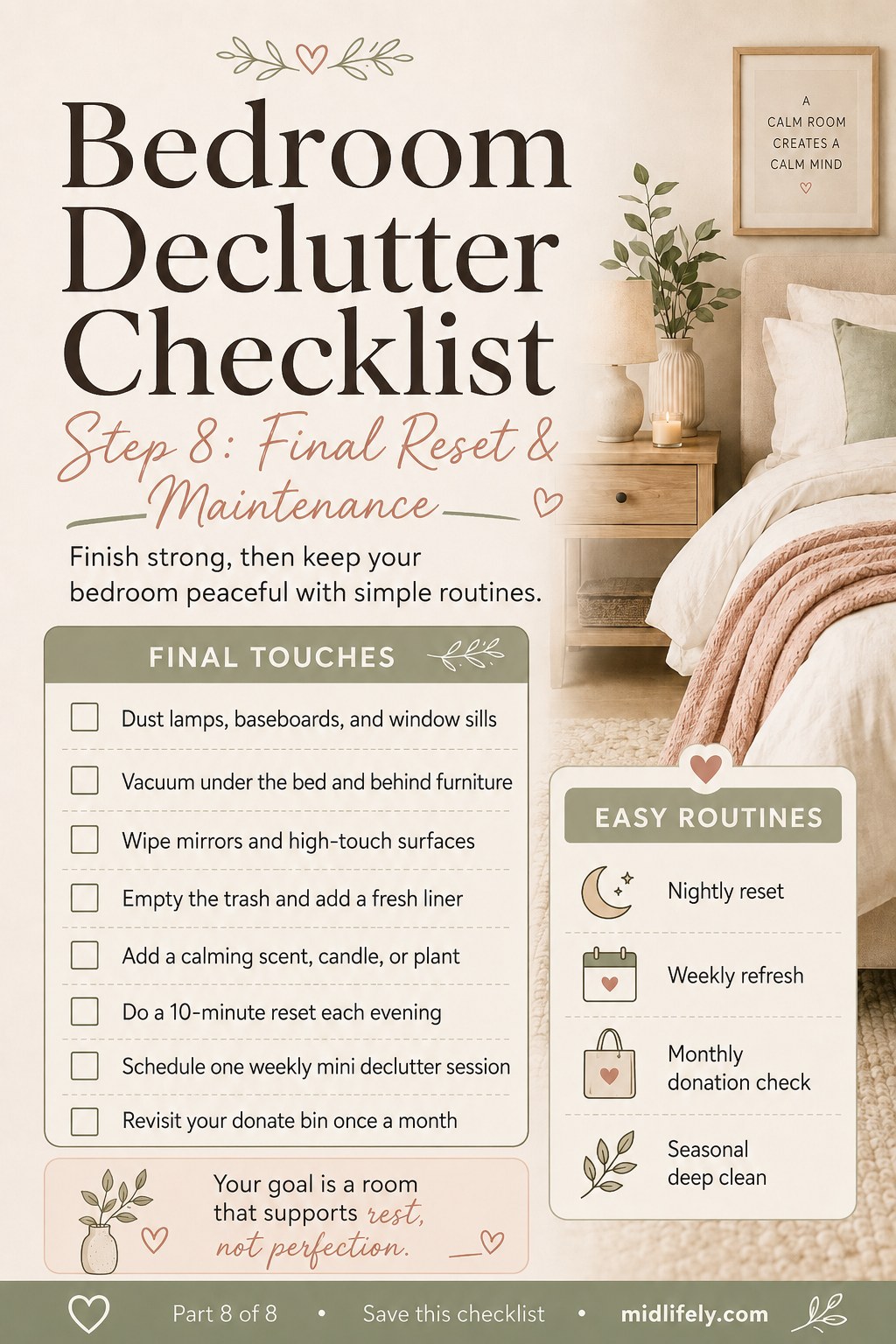 Bedroom declutter checklist final reset step showing a dusted, calm bedroom ready for maintenance