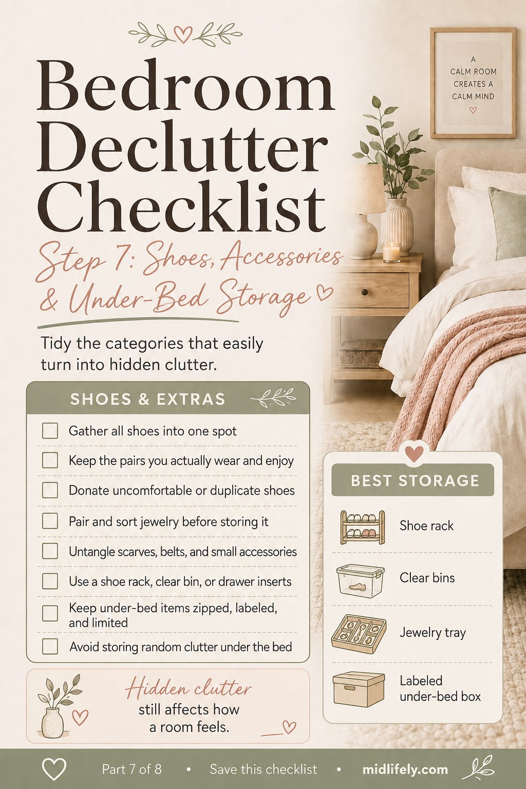 Bedroom declutter checklist shoe and under-bed storage step with a shoe rack and labeled bins
