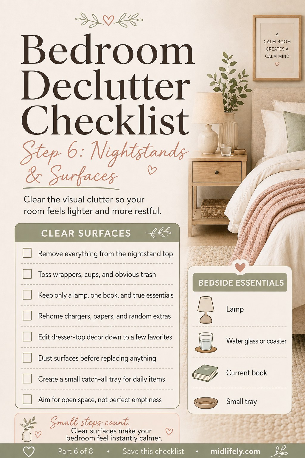 Bedroom declutter checklist nightstand step showing a cleared surface with just a lamp and a book