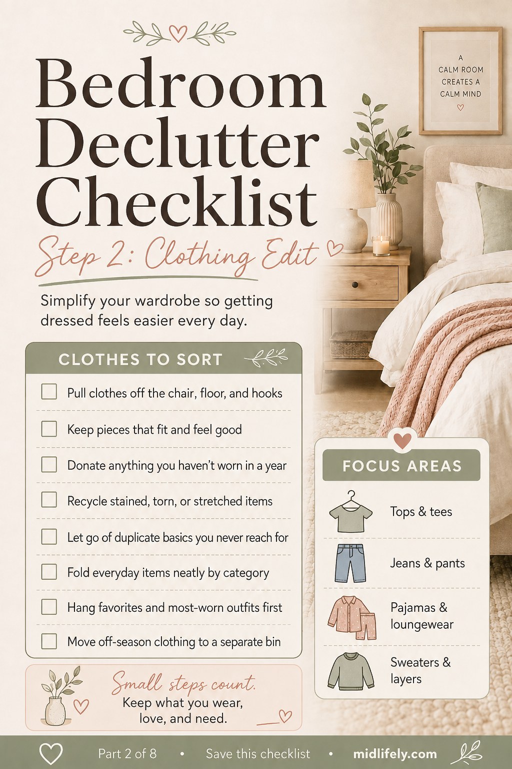 Bedroom declutter checklist clothing edit step with sorted tops, jeans, and loungewear categories