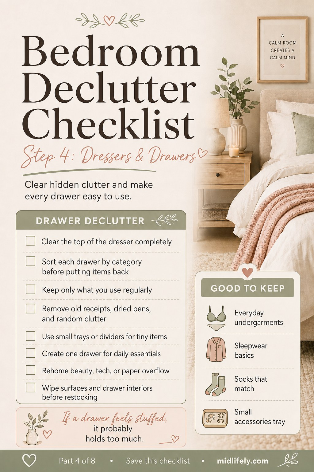 Bedroom declutter checklist drawer step with a cleared dresser top and sorted everyday essentials