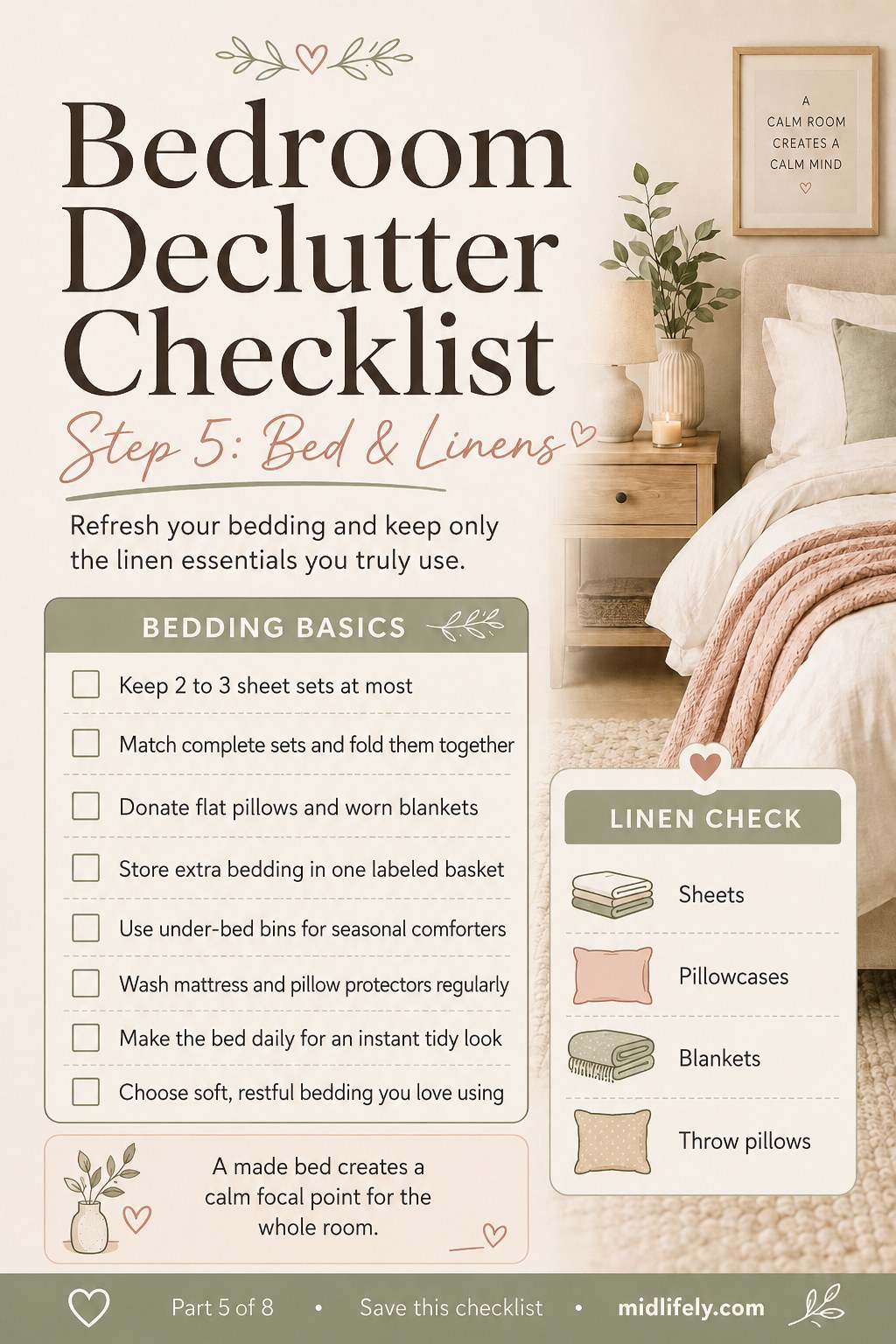 Bedroom declutter checklist bed and linens step featuring folded sheets and a neatly made bed