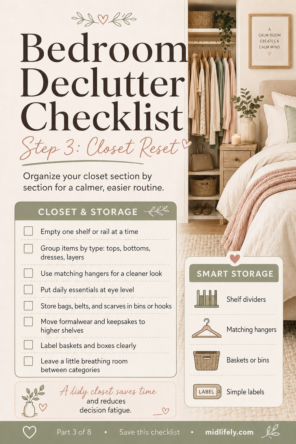Bedroom declutter checklist closet reset step showing an organized rail with matching hangers and labeled bins