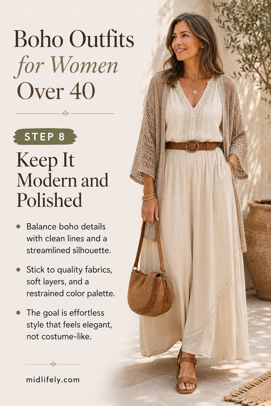 A polished, modern boho outfit for women over 40 balancing texture with clean lines