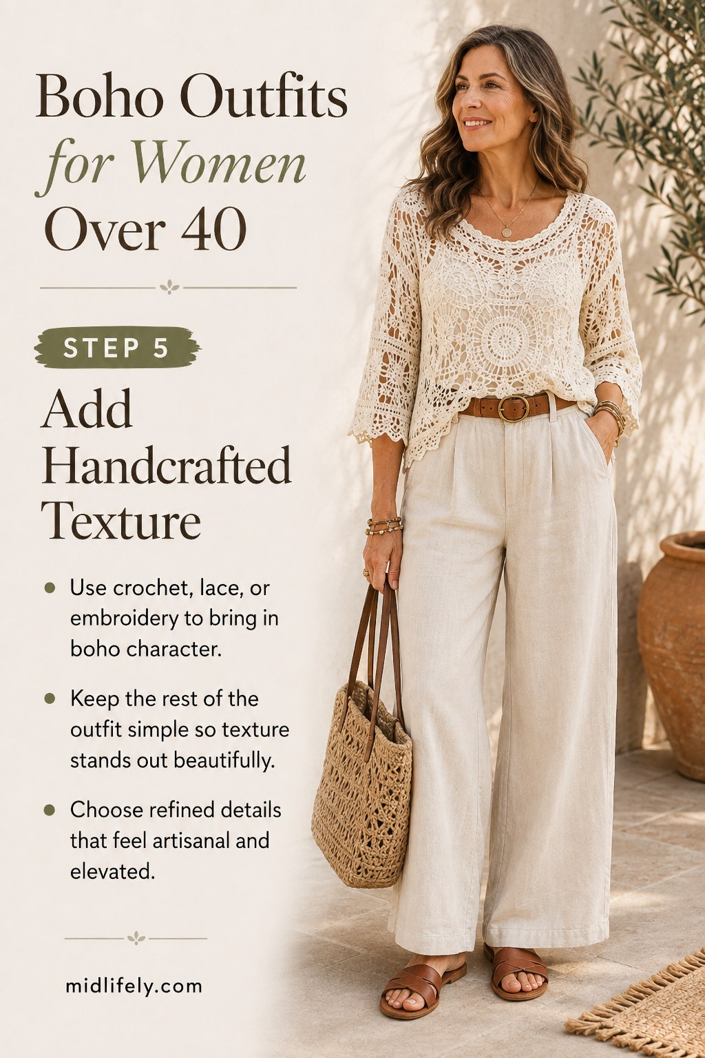 Crochet texture layered over linen trousers, a handcrafted take on boho outfits for women over 40