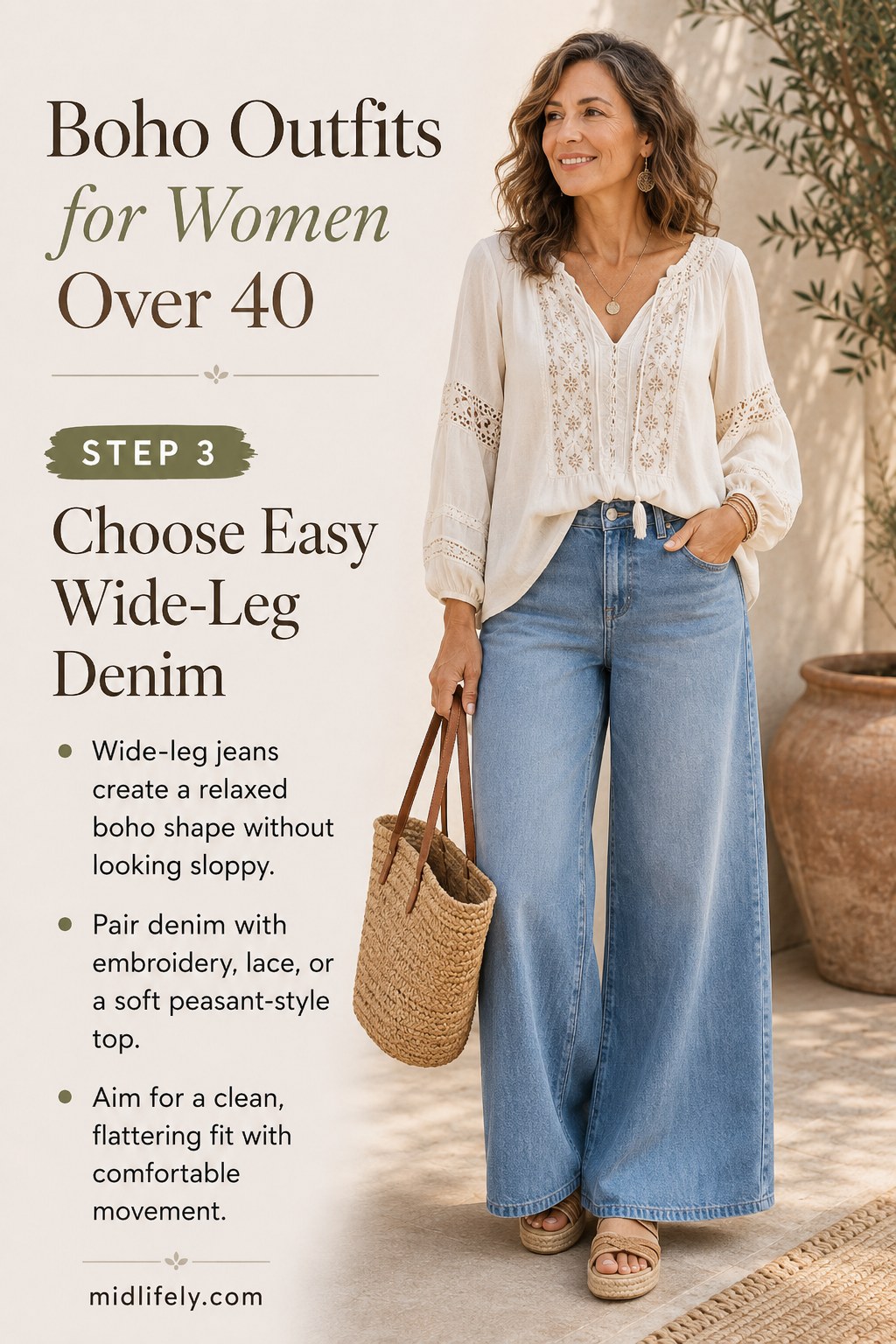 Wide-leg denim paired with a lace top, a wearable boho outfit idea for women over 40