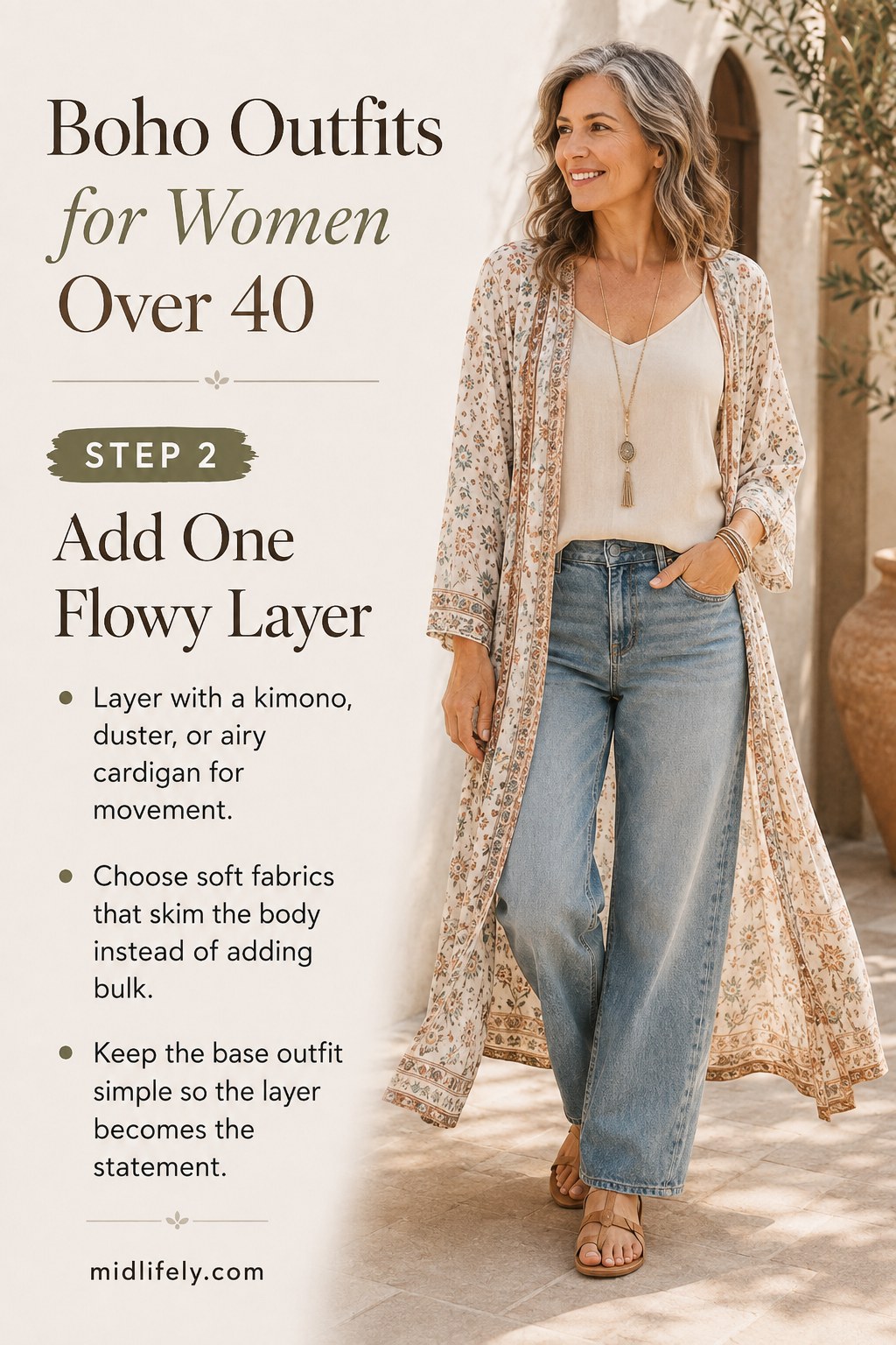 A flowy kimono layer adding movement to simple boho outfits for women over 40