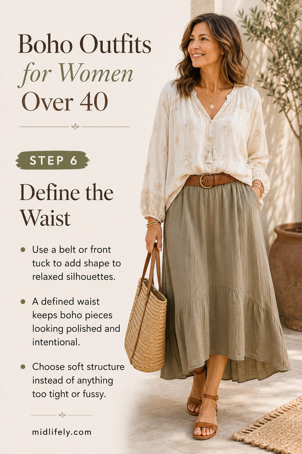 A belted skirt defining the waist in a relaxed boho outfit for women over 40