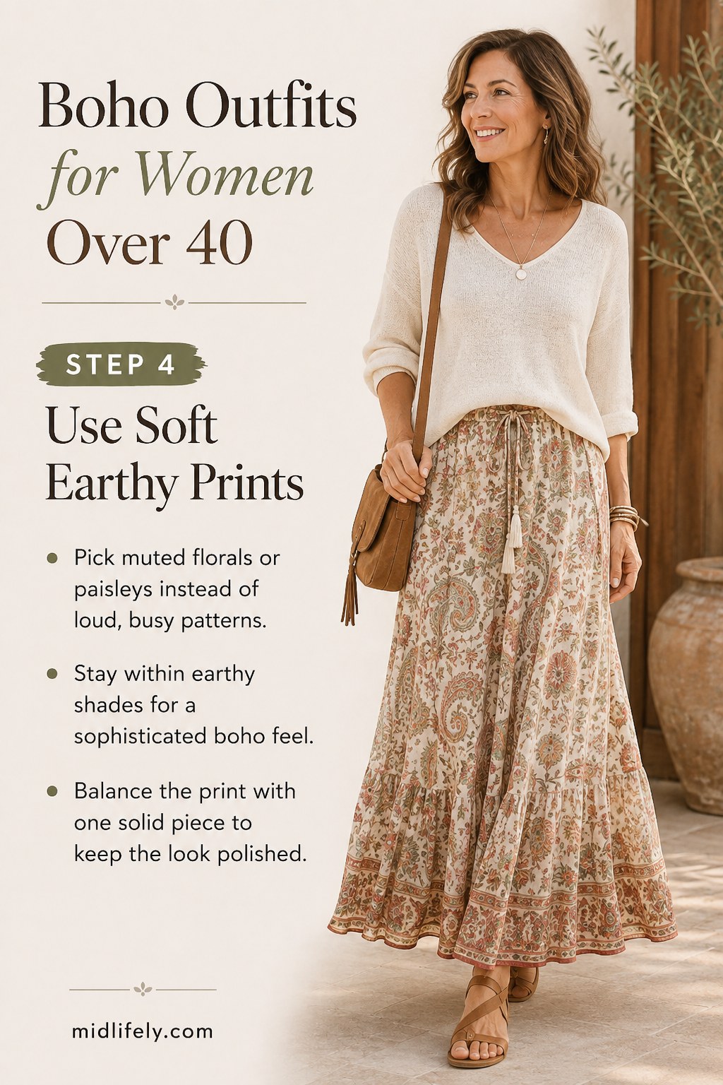 A soft earthy print maxi skirt styled as part of boho outfits for women over 40