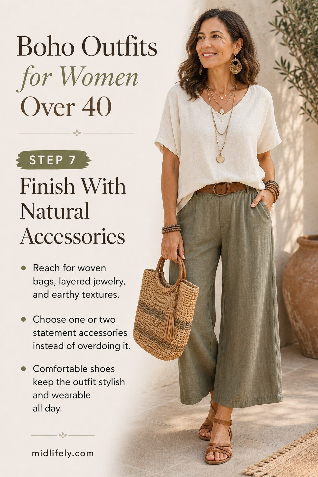 Woven bag and layered jewelry finishing a natural, wearable boho outfit for women over 40