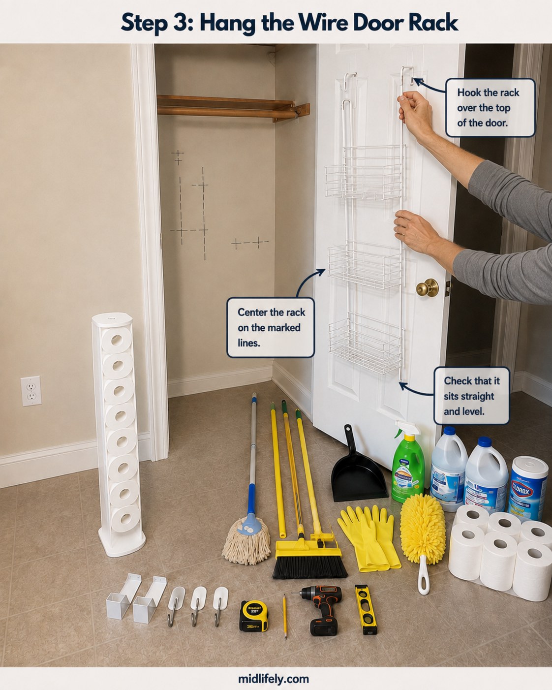 Hanging the wire rack over the top of the door as part of the broom closet door organizer setup