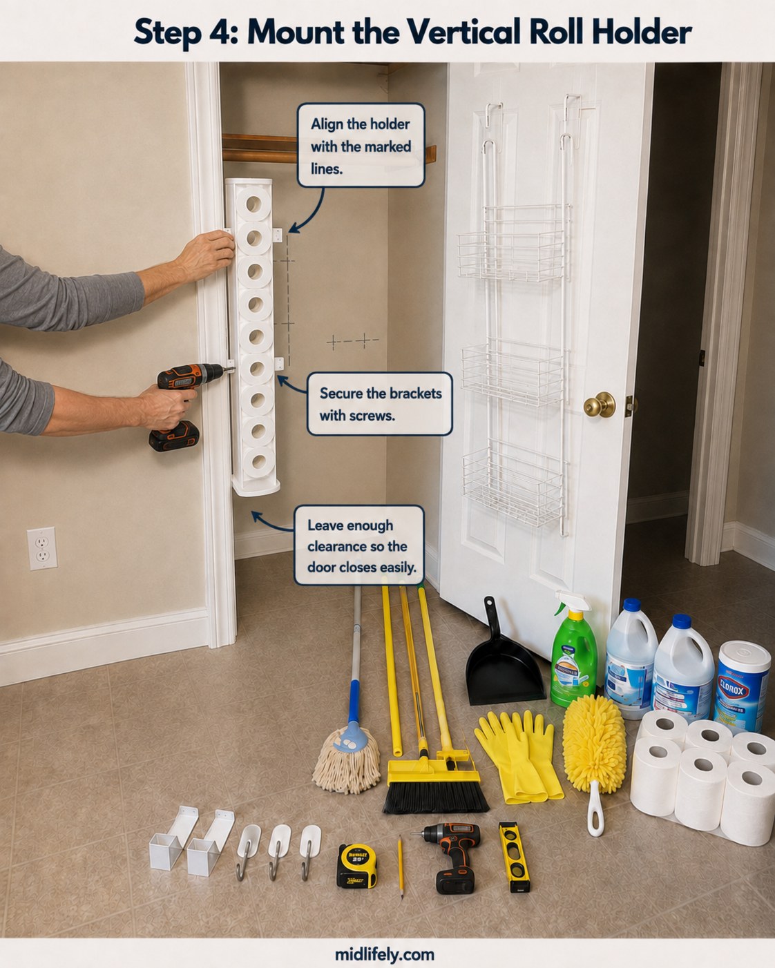 Drilling brackets into the wall to mount the vertical roll holder beside the broom closet door organizer