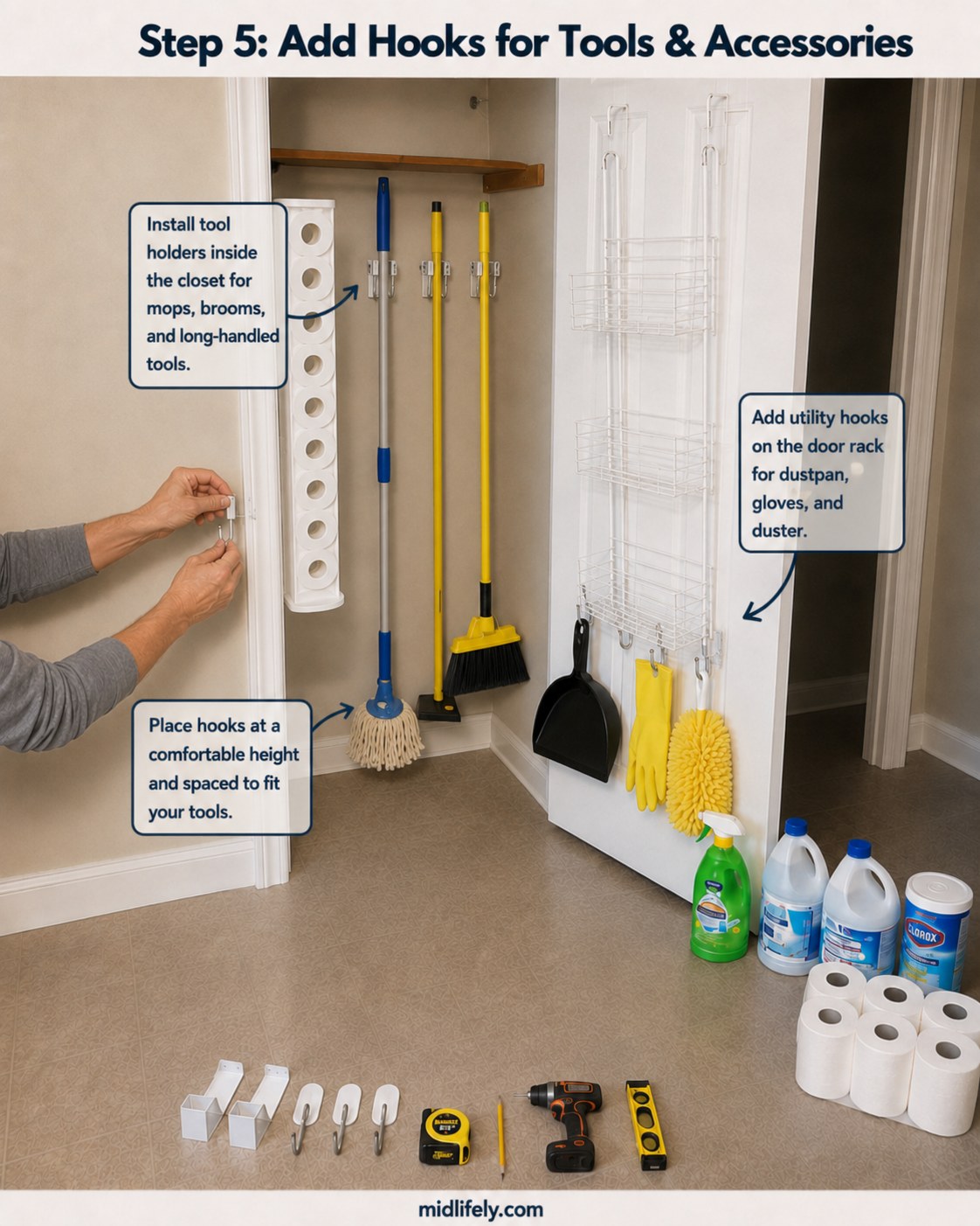 Adding utility hooks and tool holders inside the closet during the broom closet door organizer install