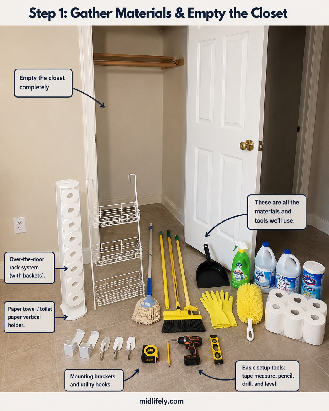Materials laid out for a broom closet door organizer including a wire rack, roll holder, and mounting hooks