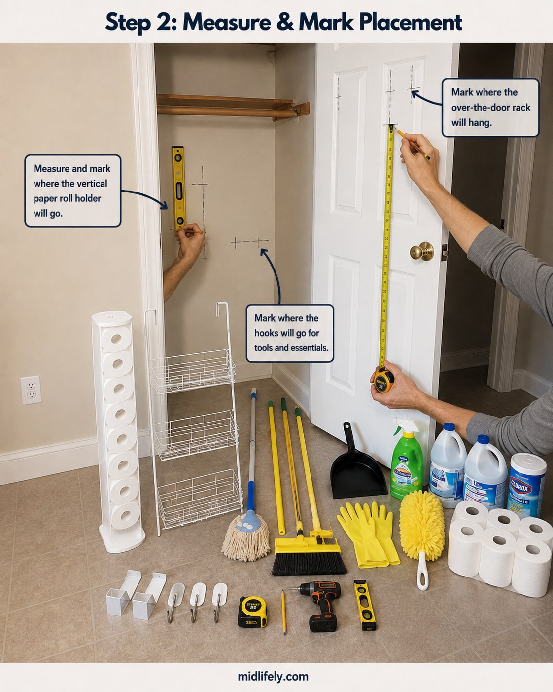 Marking wall placement with a level and tape measure before installing a broom closet door organizer