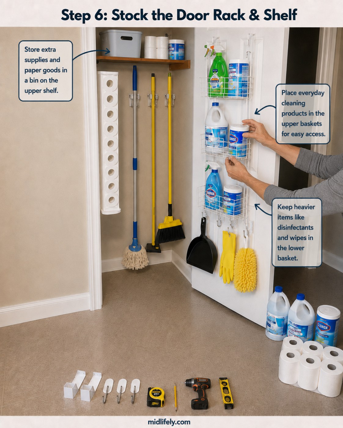 Stocking cleaning supplies into the baskets of the finished broom closet door organizer
