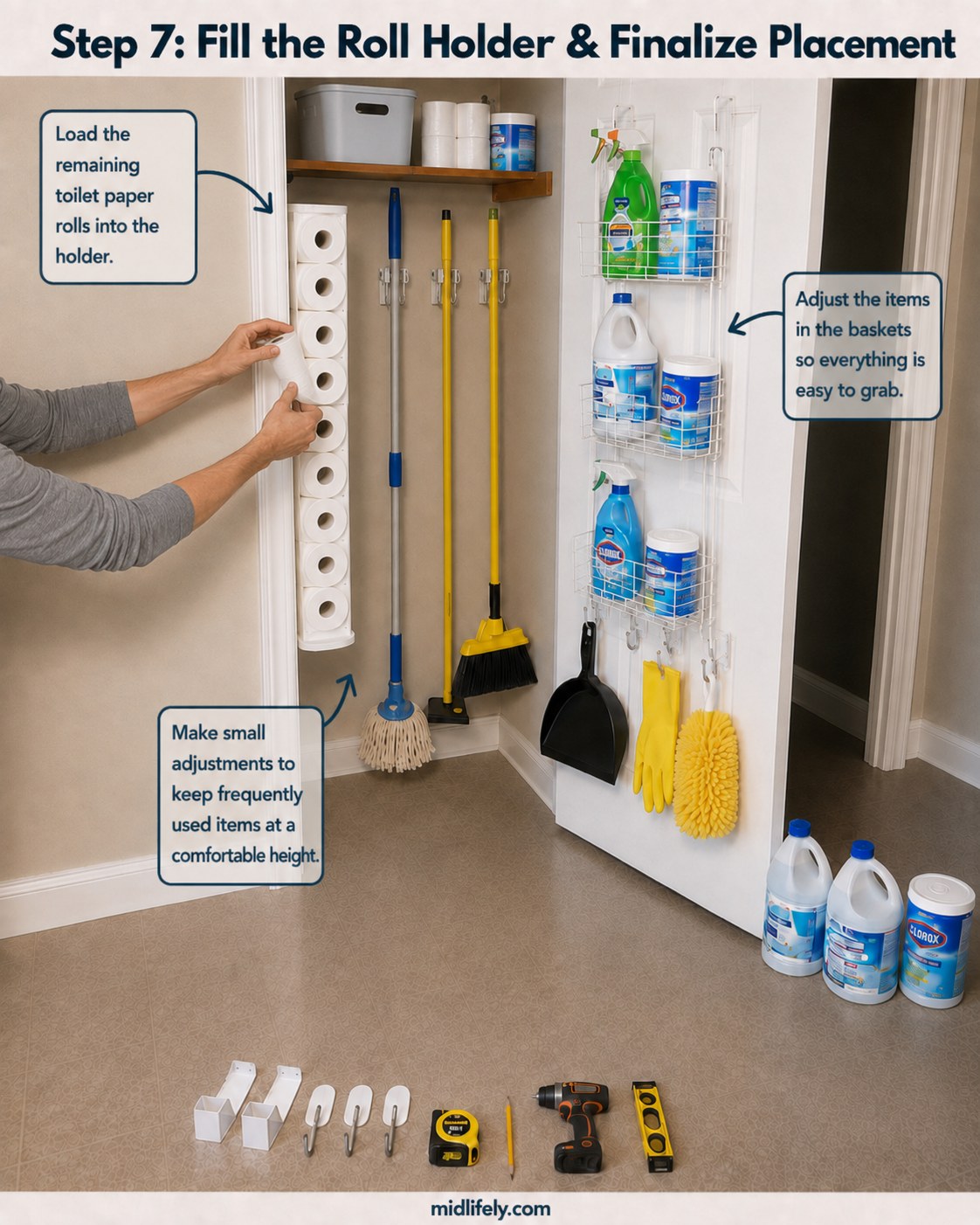 Loading toilet paper rolls into the vertical holder beside the broom closet door organizer