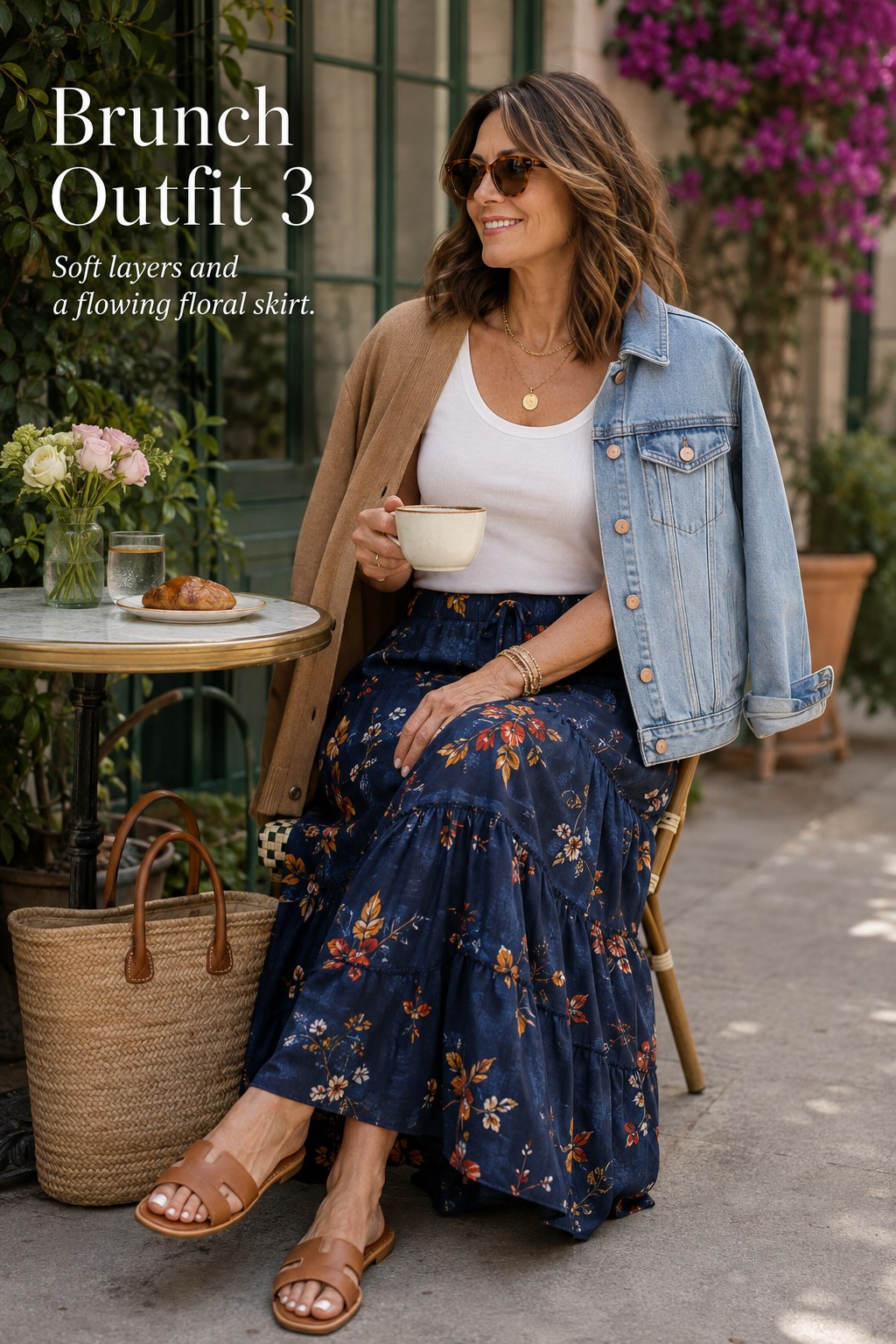 Brunch outfit for women over 40 featuring a flowing navy floral maxi skirt and denim jacket