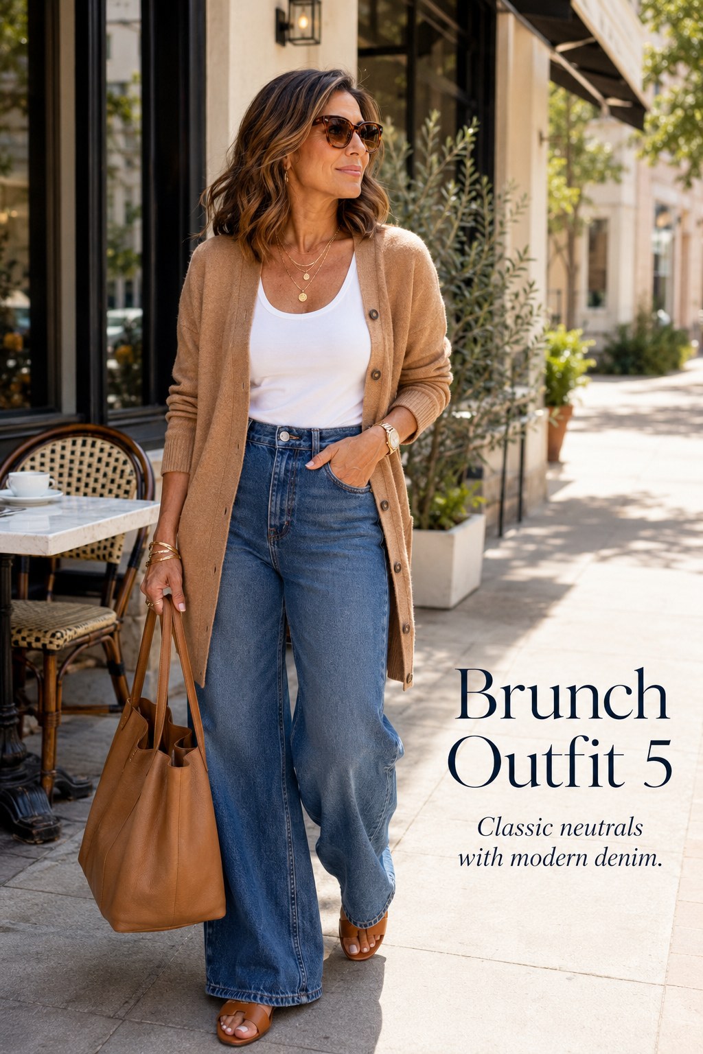Classic neutral brunch outfit for women over 40 with a camel cardigan and wide-leg jeans