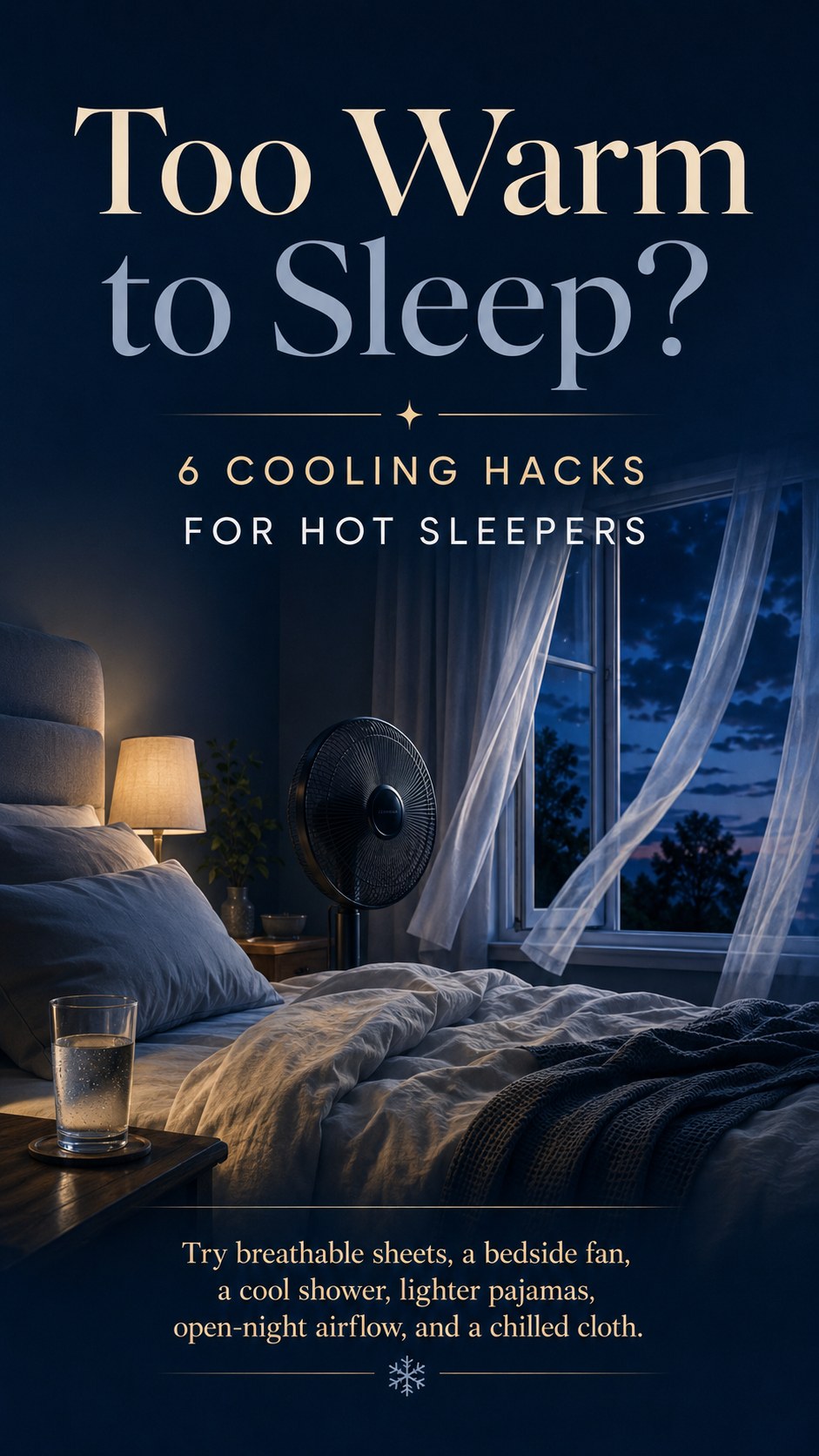 A nighttime bedroom scene shows a fan, open window, and glass of water, key cooling hacks for hot sleepers.