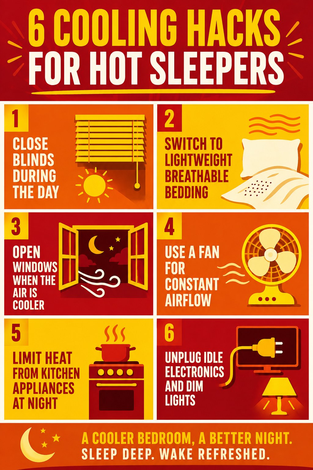 A red infographic outlines daytime and nighttime cooling hacks for hot sleepers, including blinds and fans.