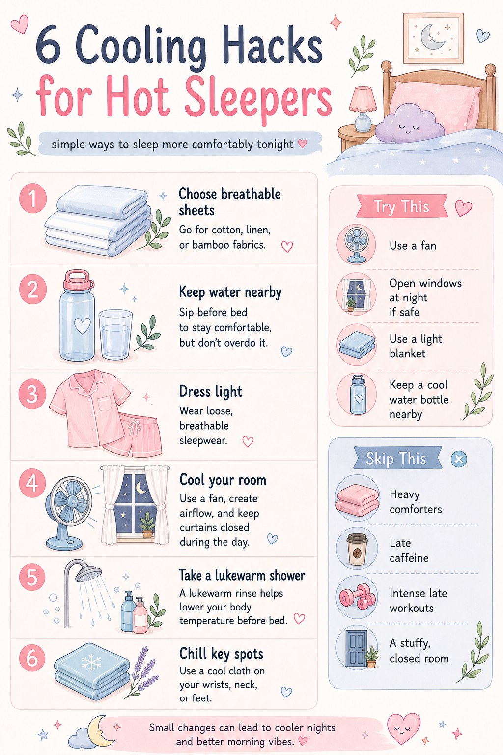 An infographic listing six cooling hacks for hot sleepers, from breathable sheets to a lukewarm shower.
