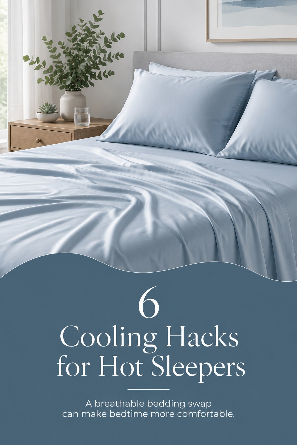 Soft blue breathable sheets are styled on a bed, illustrating the sheet swap among cooling hacks for hot sleepers.
