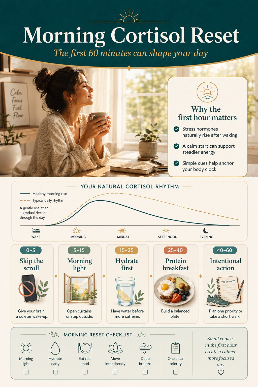 Morning cortisol reset infographic mapping the first sixty minutes after waking