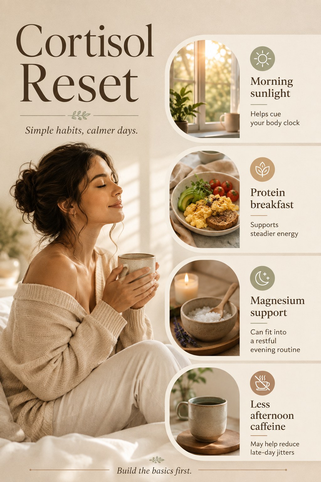 Minimalist cortisol reset guide highlighting sunlight, protein, magnesium, and less caffeine