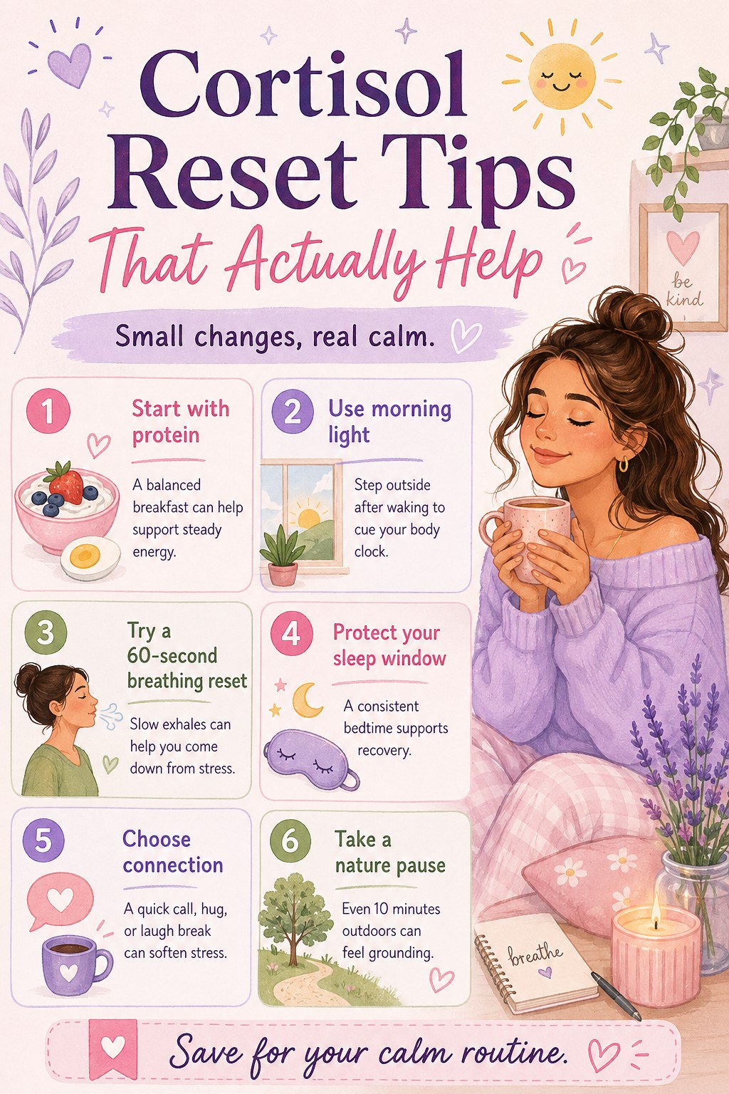 Pastel illustrated cortisol reset tips poster showing six calming daily habits
