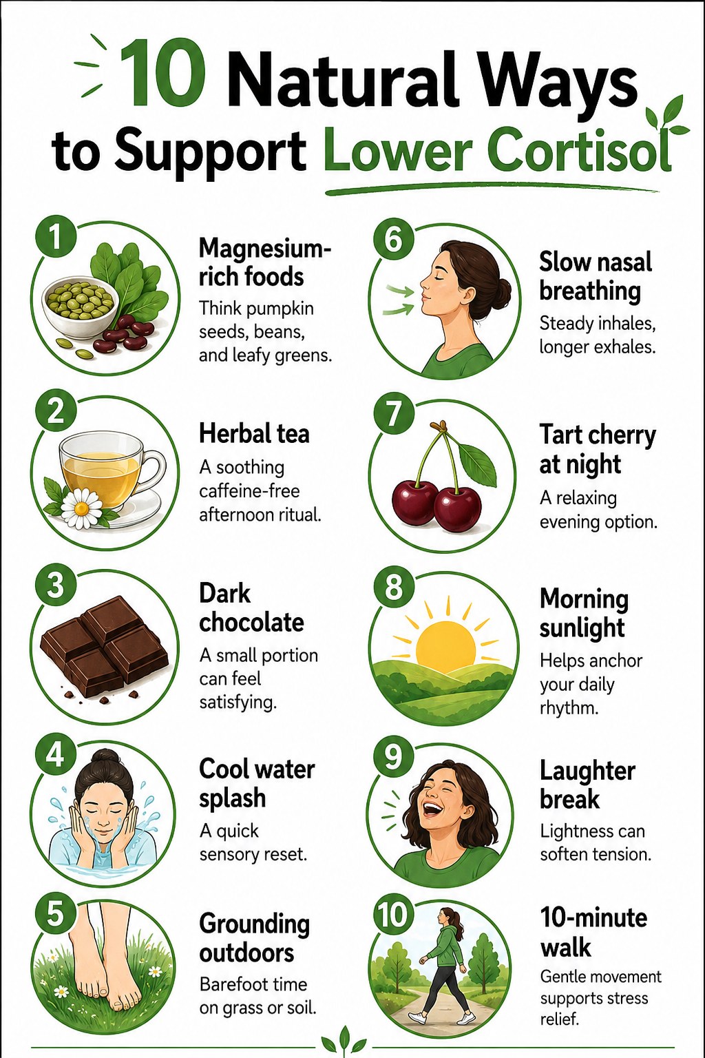 Ten natural ways to support lower cortisol infographic with food and mindset habits