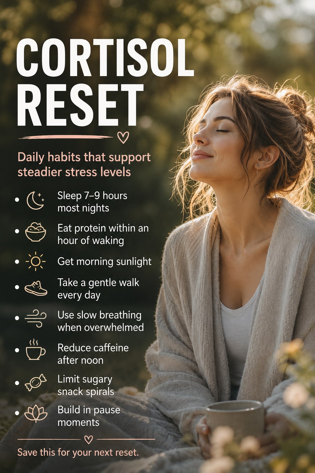 Cortisol reset daily habits checklist covering sleep, protein, sunlight, and pauses
