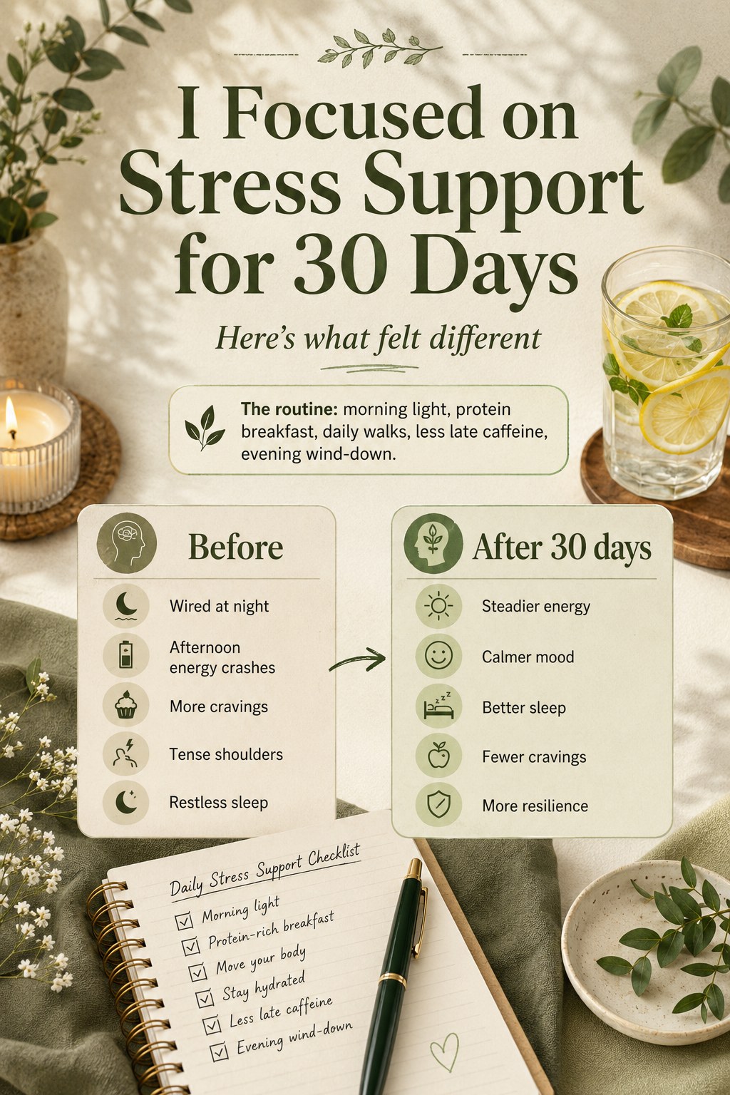 Thirty-day cortisol reset stress support journal showing before and after checklist results