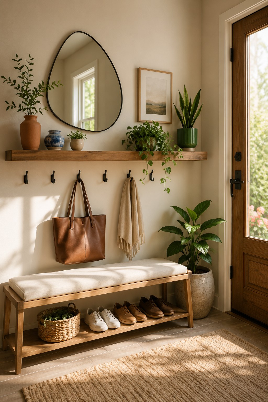 Cozy entryway decor with cushioned bench, shoe storage, and organic-shaped mirror