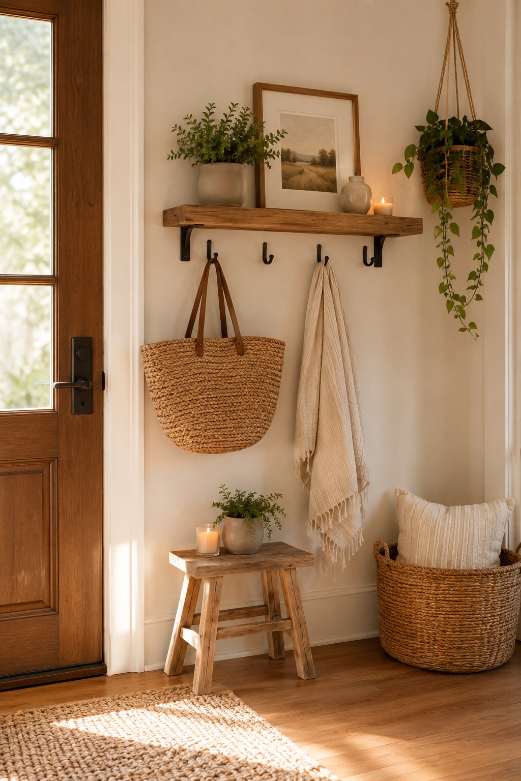 Minimalist cozy entryway decor with a floating shelf, hooks, and small wood stool