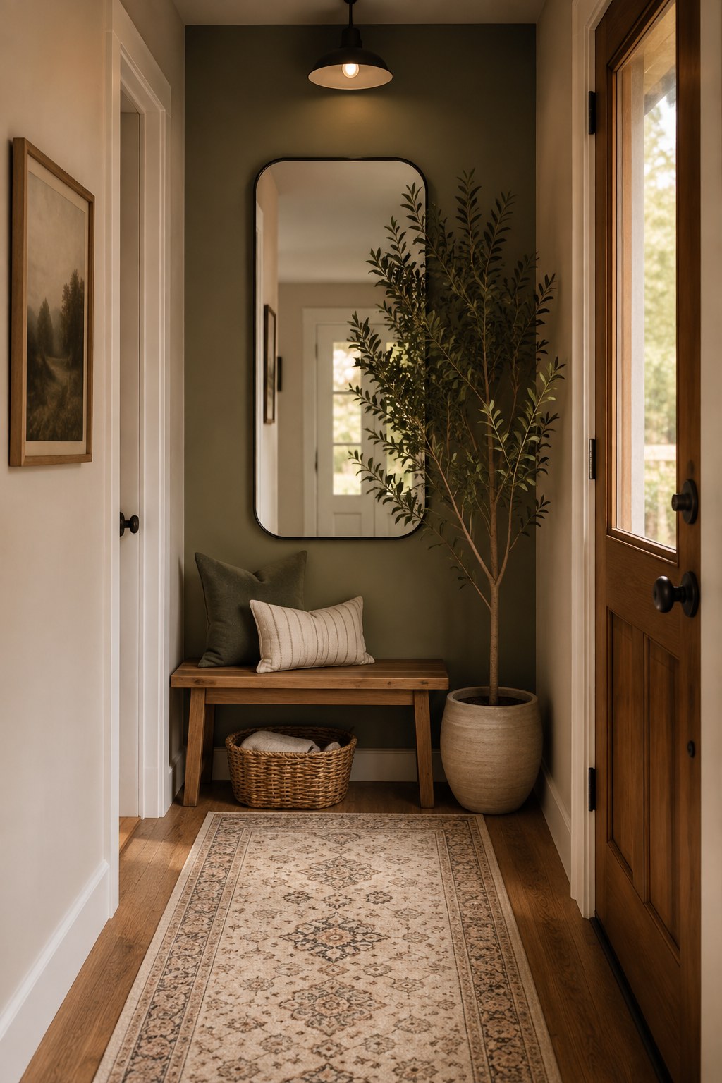 Cozy entryway decor idea for a narrow hallway with a tall mirror and small bench