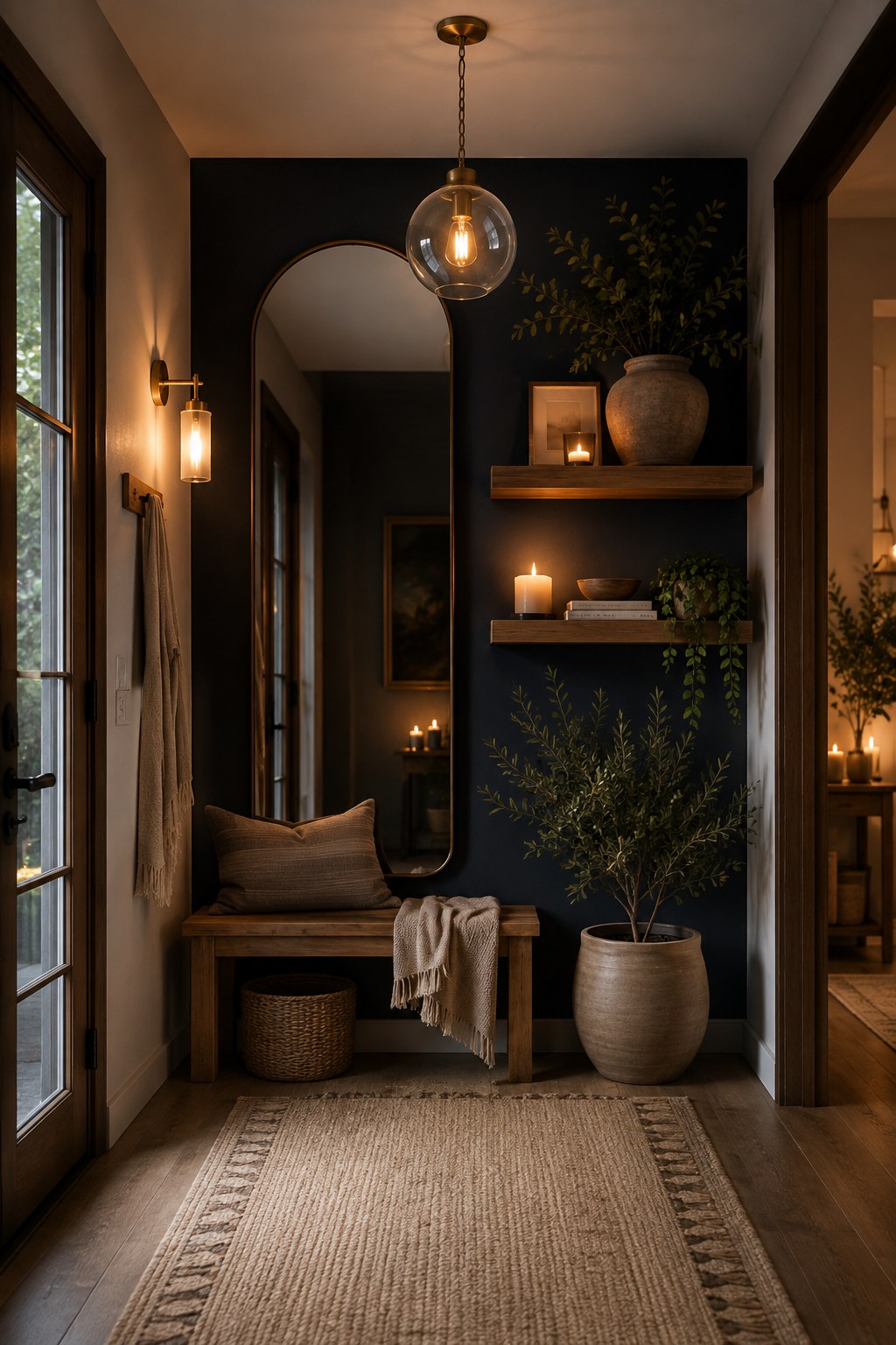 Cozy entryway decor with arched mirror, floating shelves, and navy accent wall