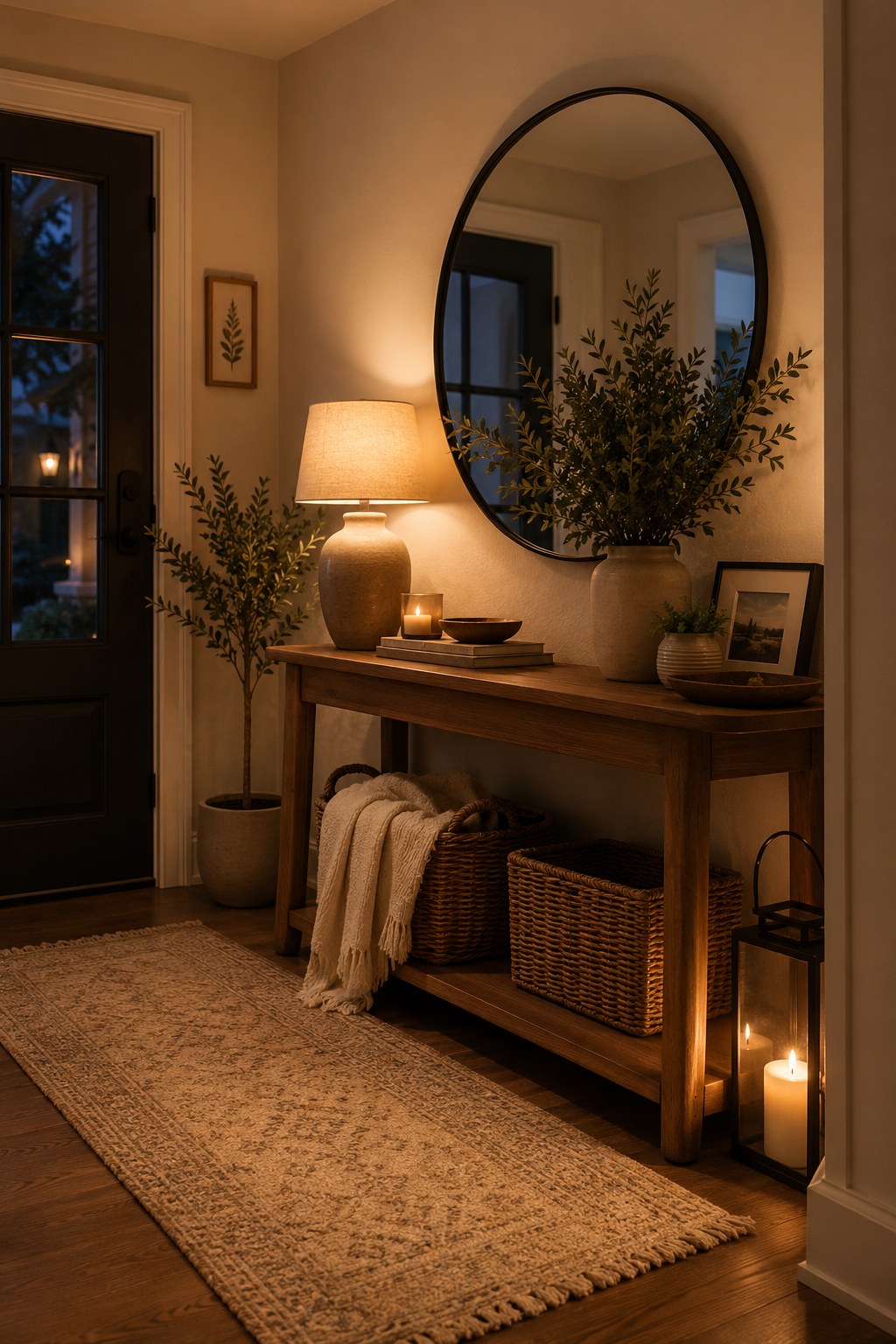 Cozy entryway decor at evening with a lit lamp, console table, and lantern candle