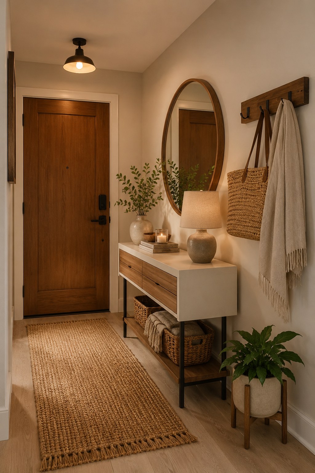 Cozy entryway decor featuring a console table with drawers and round mirror