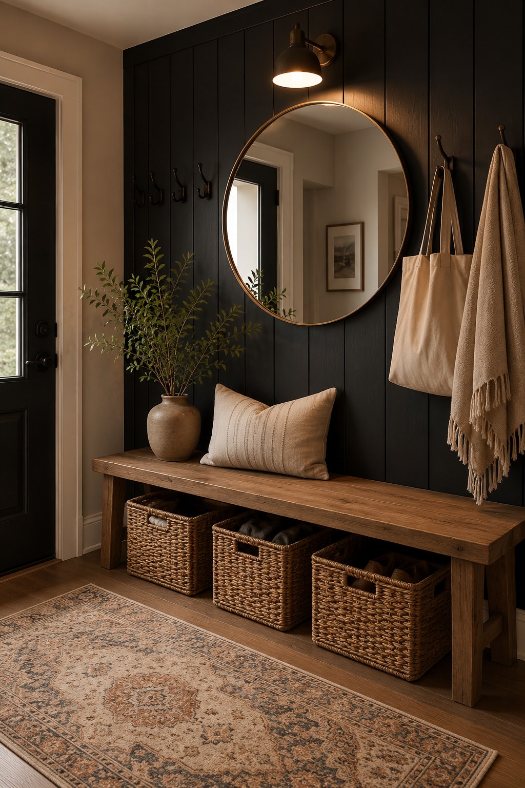 Cozy entryway decor with dark wall, round mirror, and warm wall sconce lighting