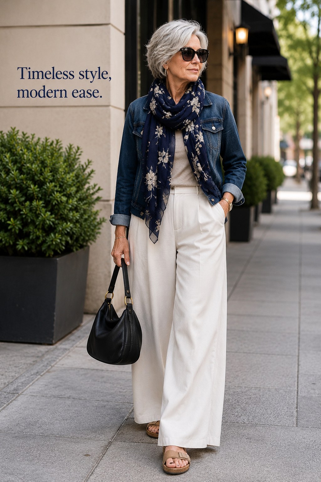 Denim jacket outfit over 40 layered with a floral scarf and white wide-leg trousers
