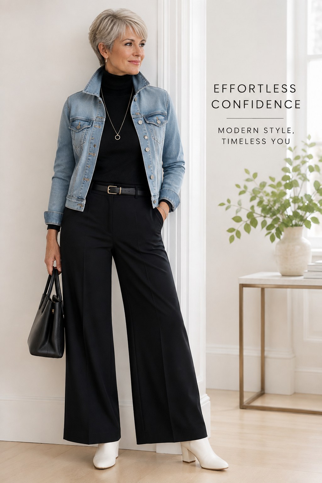 Denim jacket outfit over 40 paired with a black turtleneck, trousers, and white boots
