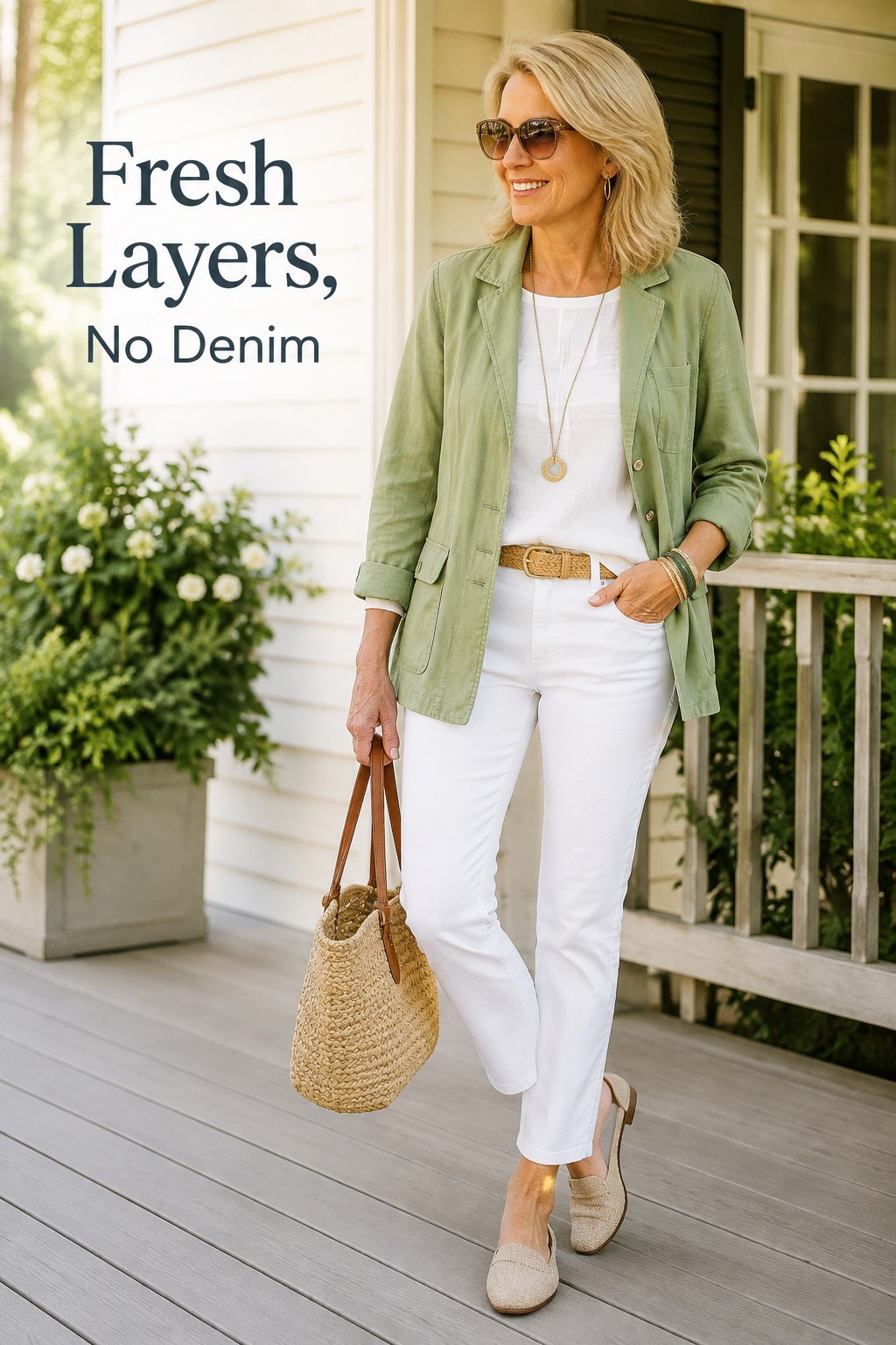 Green utility jacket styled as a denim jacket alternative with white jeans and tank