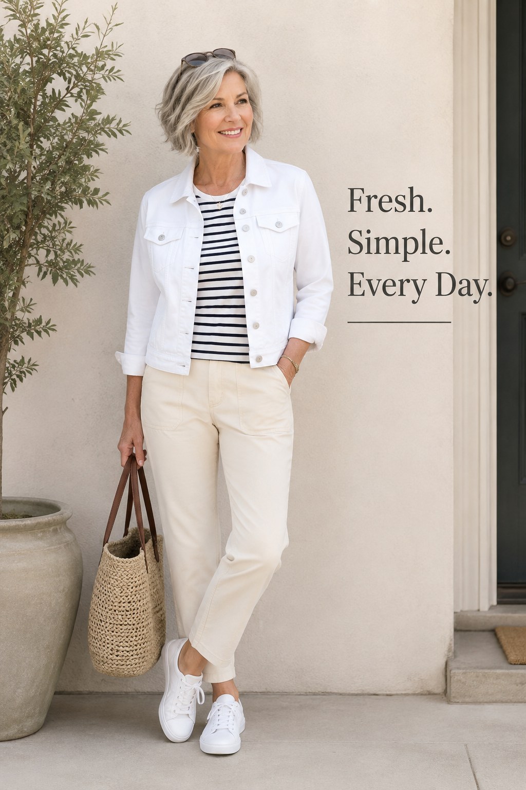 White denim jacket outfit over 40 with a striped tee, cream chinos, and sneakers